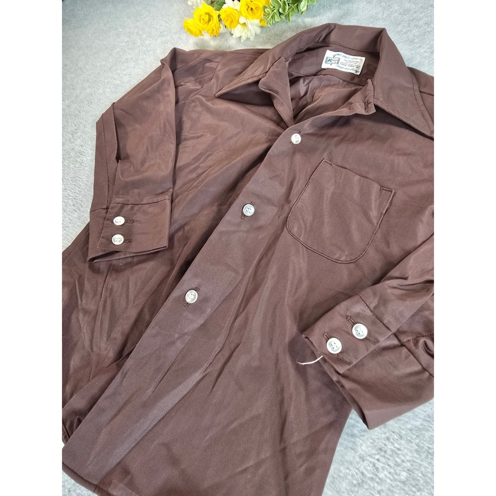 Kmart Knit Dress Shirt Boy 7 Brown Vintage 70s Disco Long Sleeve Pointed Collar - Picture 3 of 8
